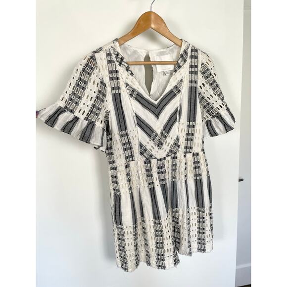 Anthropologie Ett:twa Striped Eyelet Romper Short Sleeve White Gray Blue 10 - Picture 5 of 16